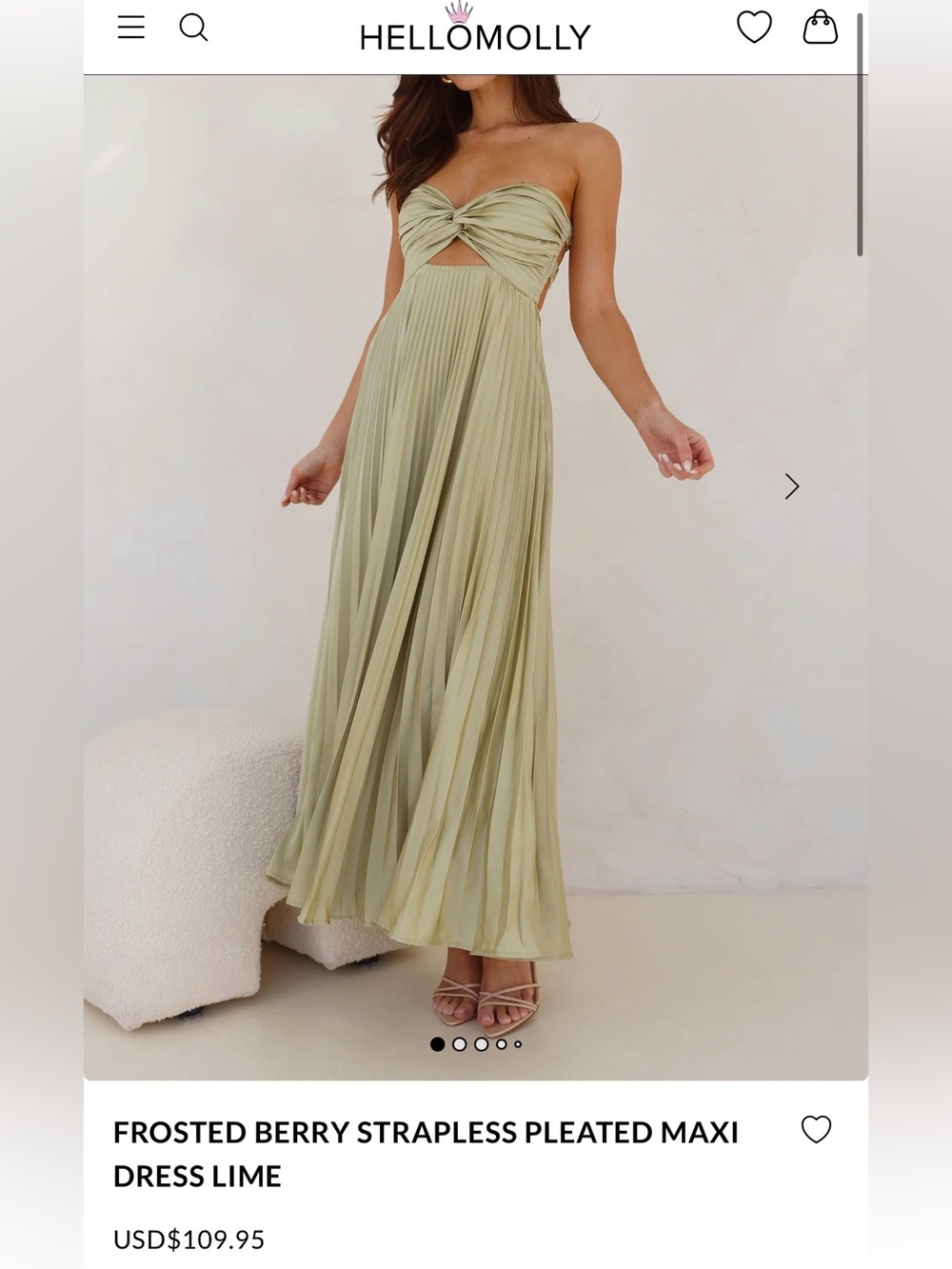 Hello Molly Frosted Berries Strpless Pleated Maxi Dress in Lime